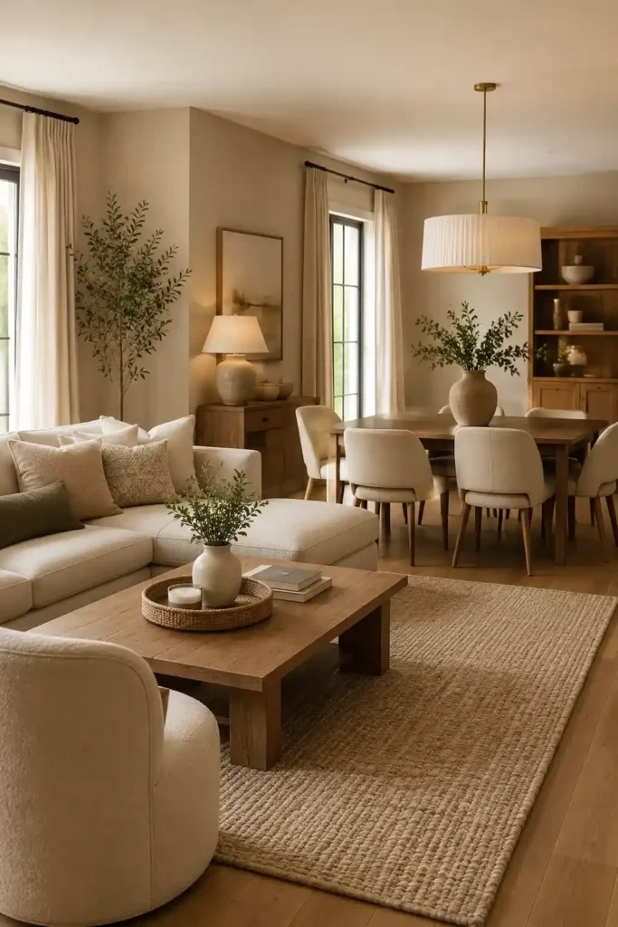 Open-plan living and dining room divided into clear furniture zones