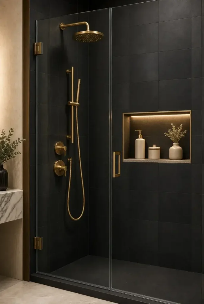 Bathroom with matte black walls and elegant gold accents