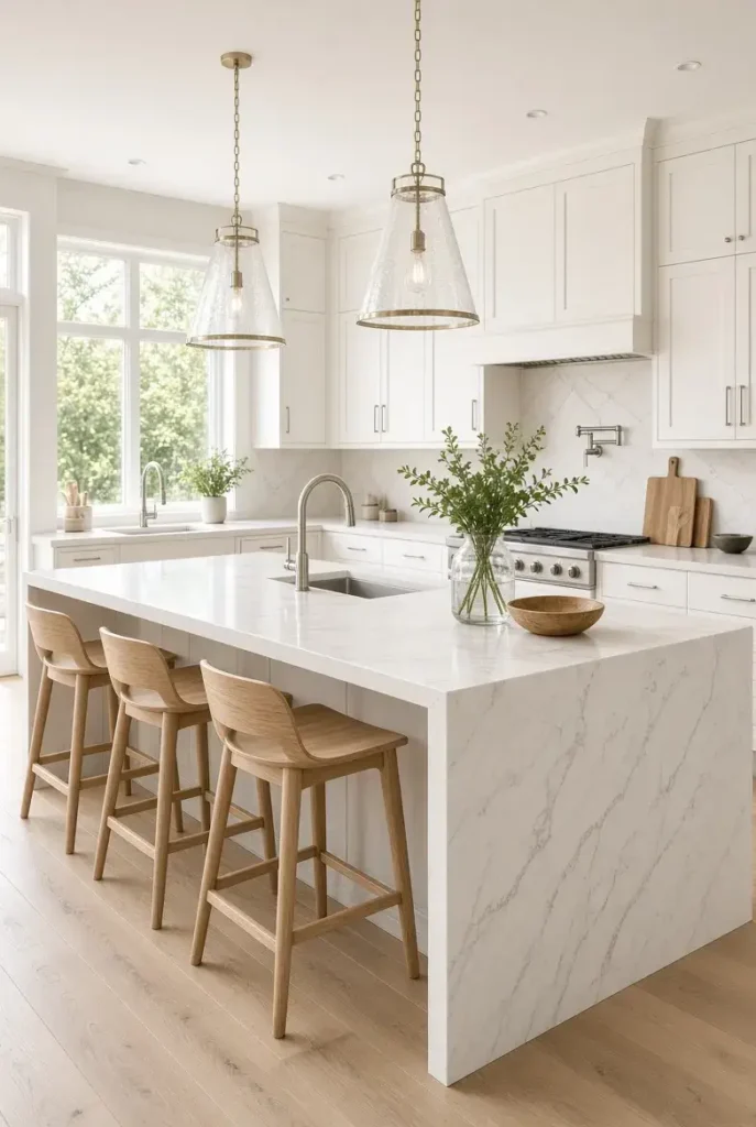 Bright white waterfall island kitchen with quartz countertop and wood stools.