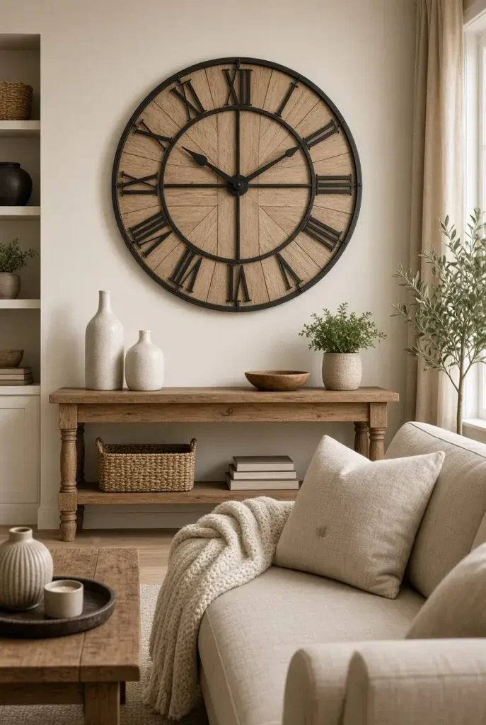 Large round wall clock displayed above a wooden console table in a neutral living room.