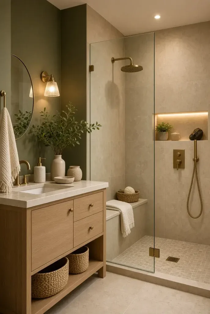 Small olive green and beige bathroom with walk-in shower