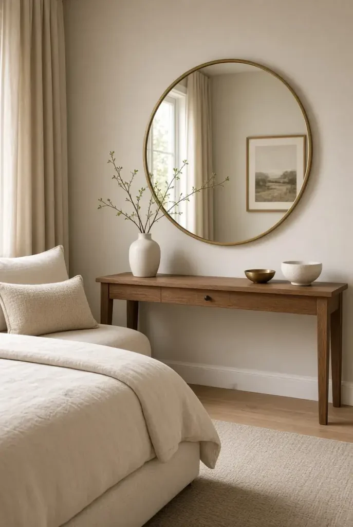 Large round mirror used as bedroom wall decor