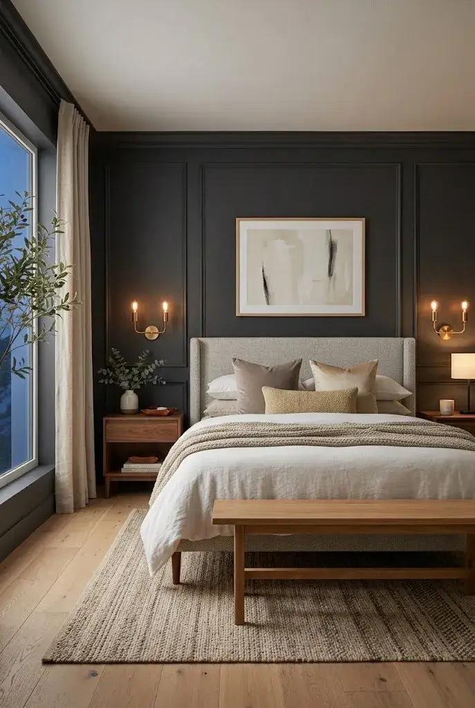 Cozy dark gray bedroom glowing with soft ambient lighting, cream bedding, and warm neutral accents.