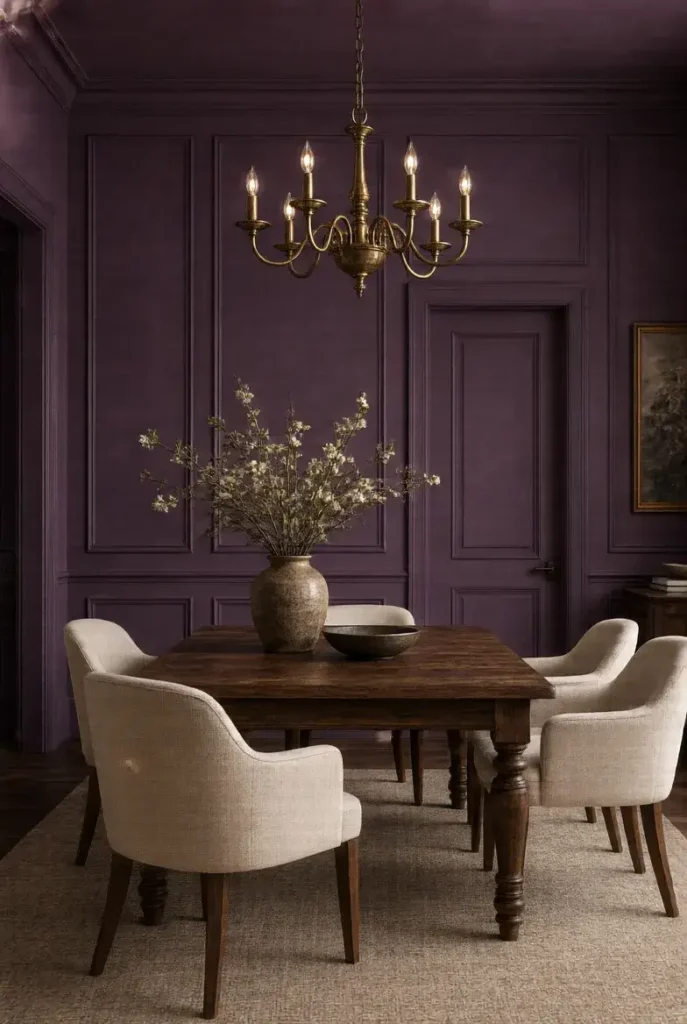 Soft plum dining room with warm wood furniture, ivory chairs, and brass accents.