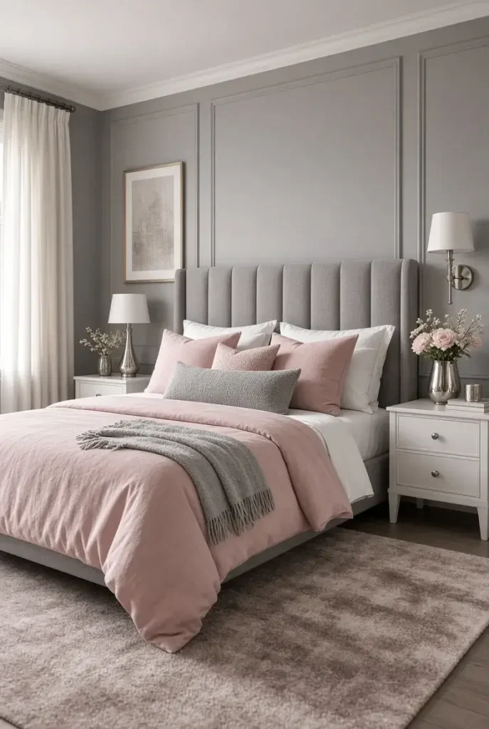 Pink and gray bedroom with blush bedding, gray walls, soft textures, and elegant modern decor.