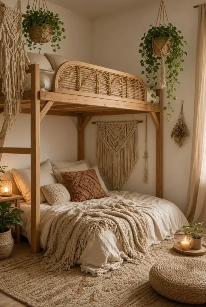 Boho loft bed with natural wood and soft textured decor