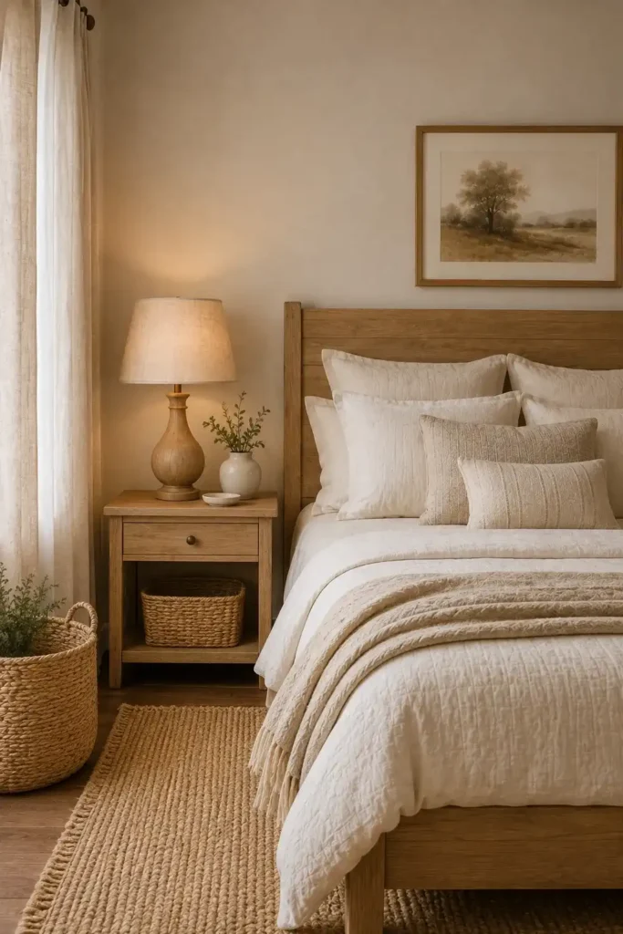 Wooden bedroom lamp with linen shade creating a warm natural look
