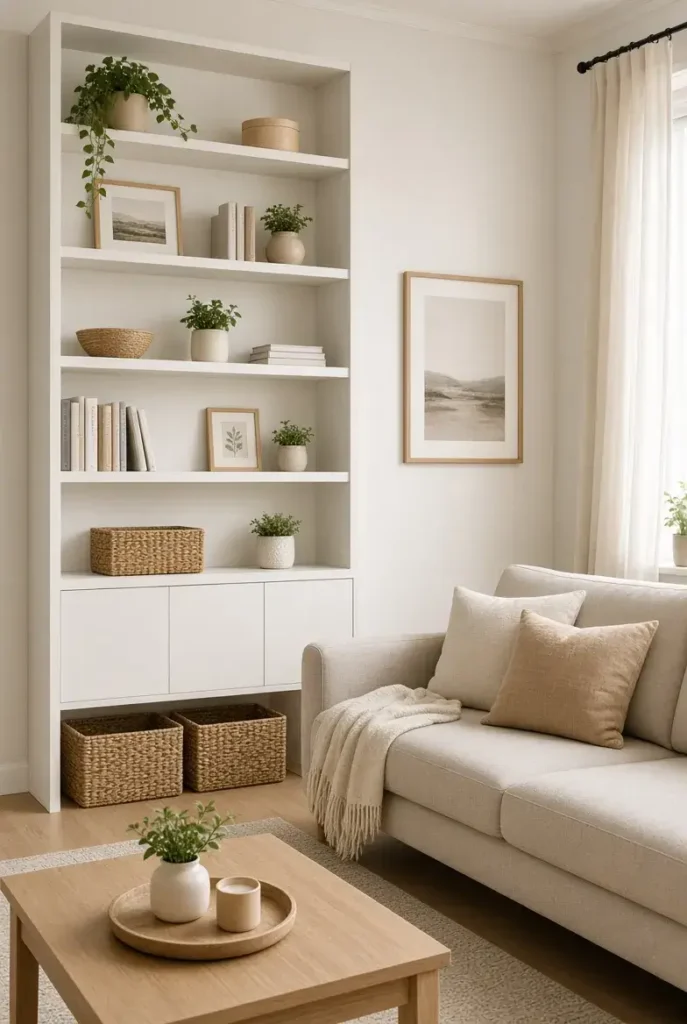 Slim built in shelves maximizing storage in a small bright living room