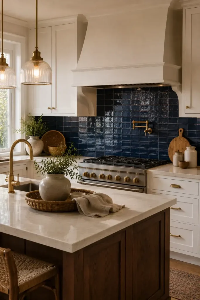 Deep navy blue backsplash with white cabinets, walnut island, and brass fixtures