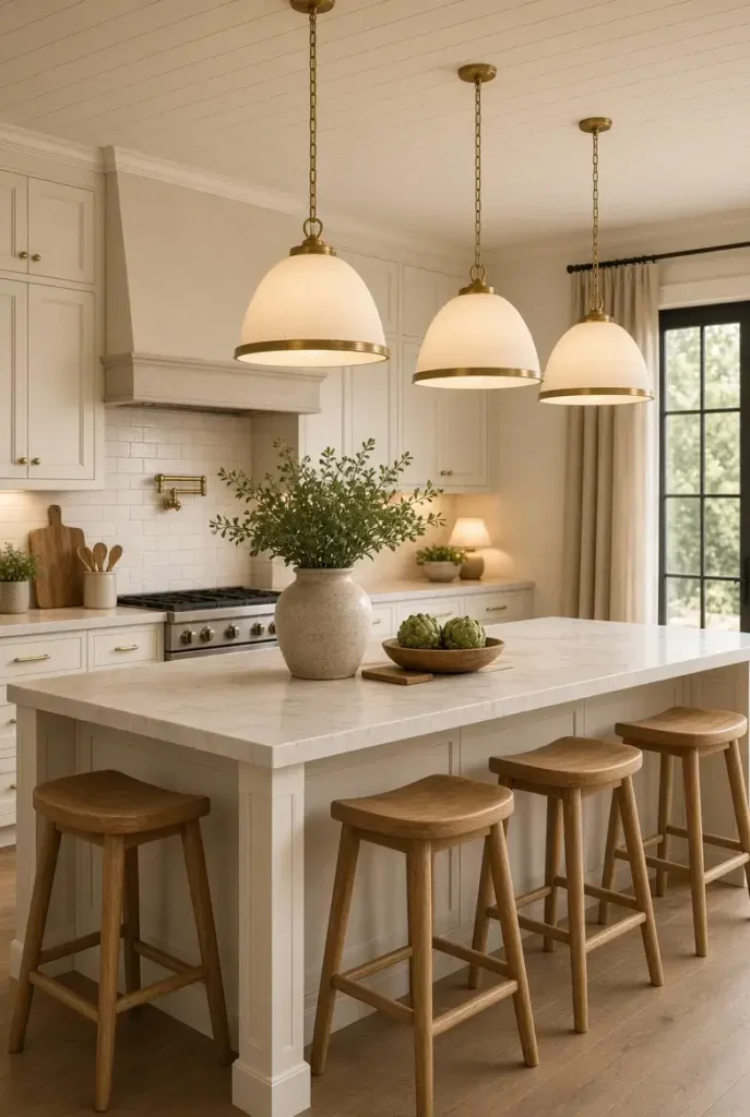 Cream dome pendant lights above a farmhouse kitchen island