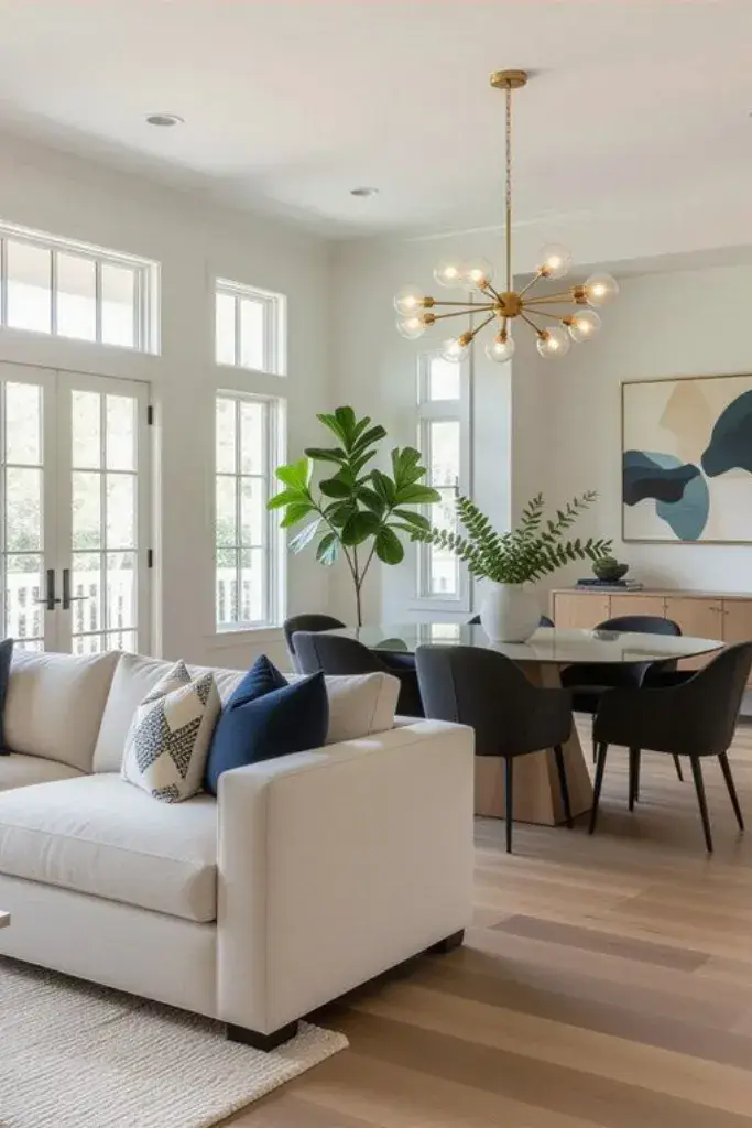 Symmetrical living room dining room combo layout with balanced furniture