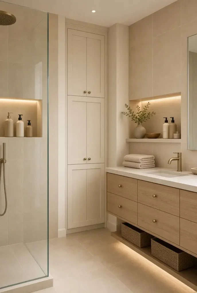 Built-in storage and recessed shower niche in a primary bathroom