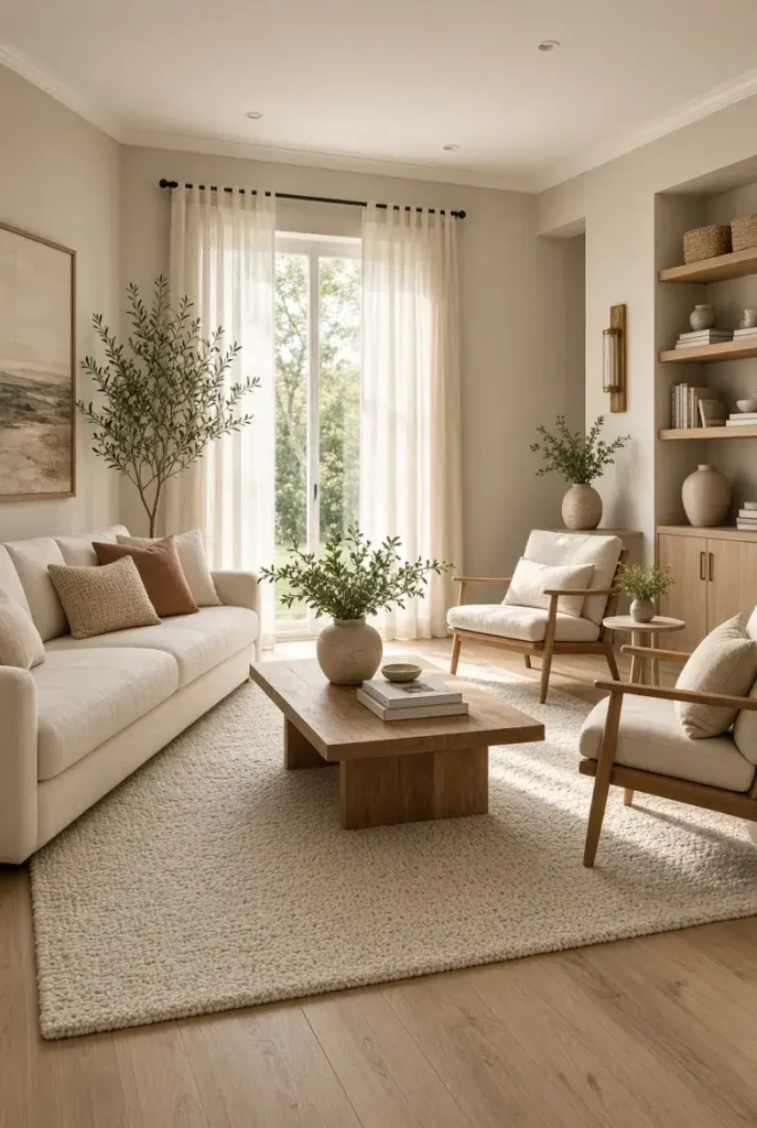 Living room with light oak flooring, large ivory area rug, and neutral furniture