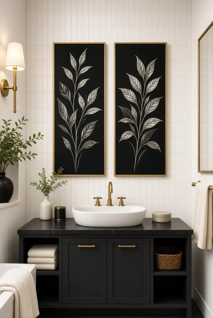 Gold framed black and white artwork in a stylish bathroom
