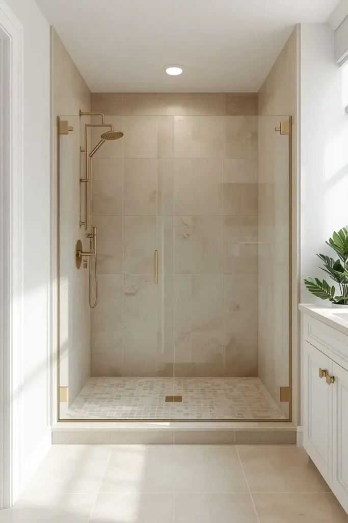 Small walk-in shower with frameless glass and seamless flooring