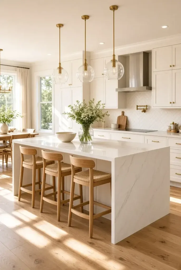Waterfall kitchen island with breakfast bar and comfortable wooden stools.