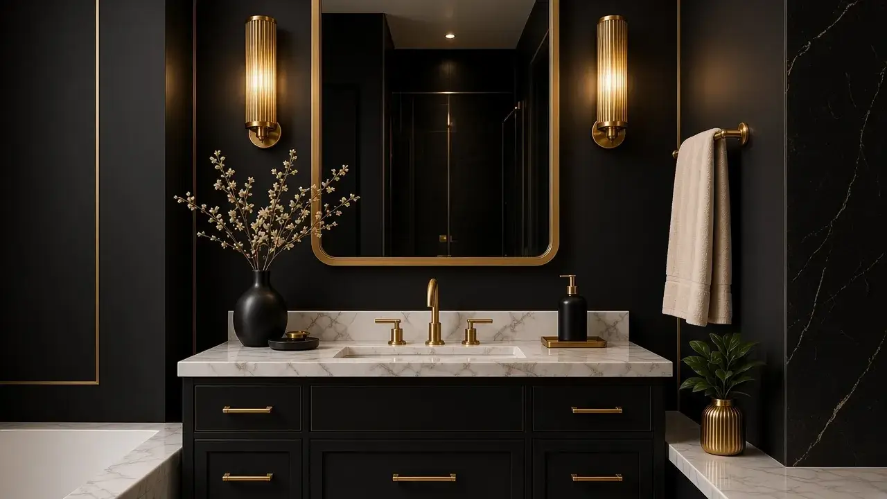 Black and gold bathroom decor with a luxurious modern vanity and gold accents