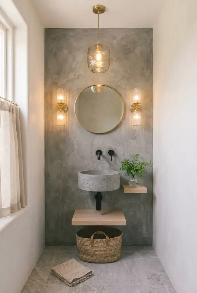 Small round sink with brass faucet and patterned tile in a stylish powder room.