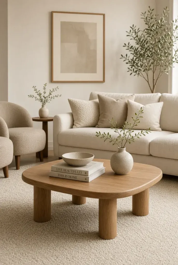 Stylish round wooden coffee table styled with books and ceramics in a cozy living room