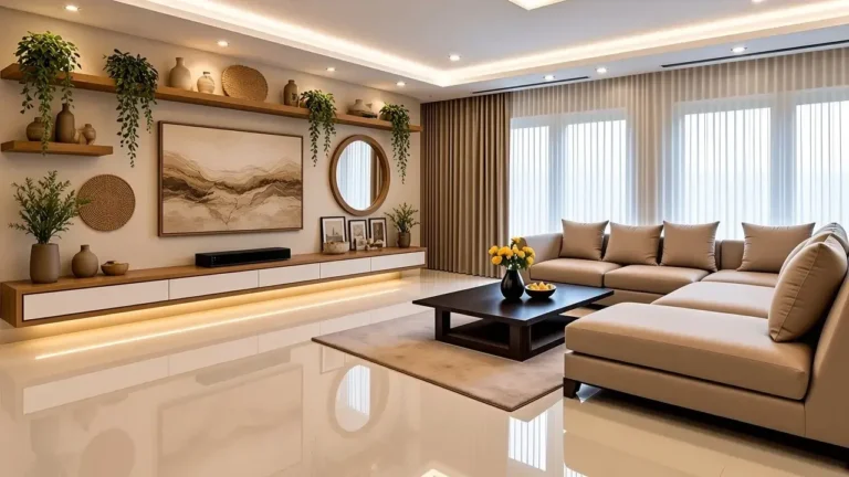 Beautiful wall decor ideas for a cozy modern living room with artwork, mirror, shelves, and woven accents.