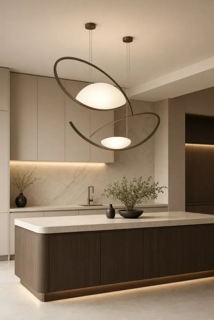 Sculptural pendant light creating a focal point above a kitchen island