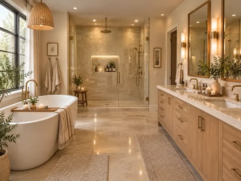 Warm and elegant primary bathroom with freestanding tub and double vanity