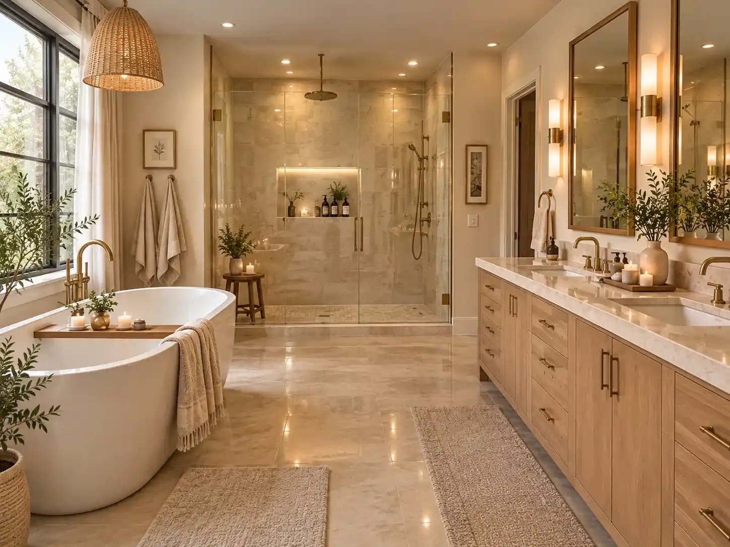 Warm and elegant primary bathroom with freestanding tub and double vanity