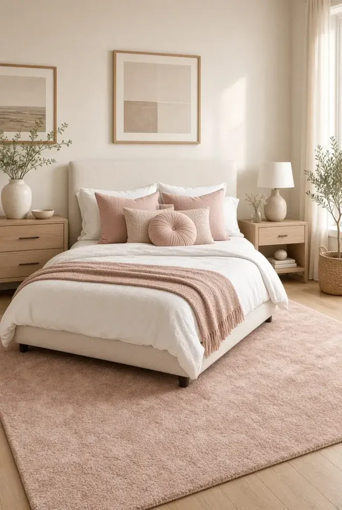 Cozy blush pink area rug beneath a white bed with neutral bedding and light wood furniture.