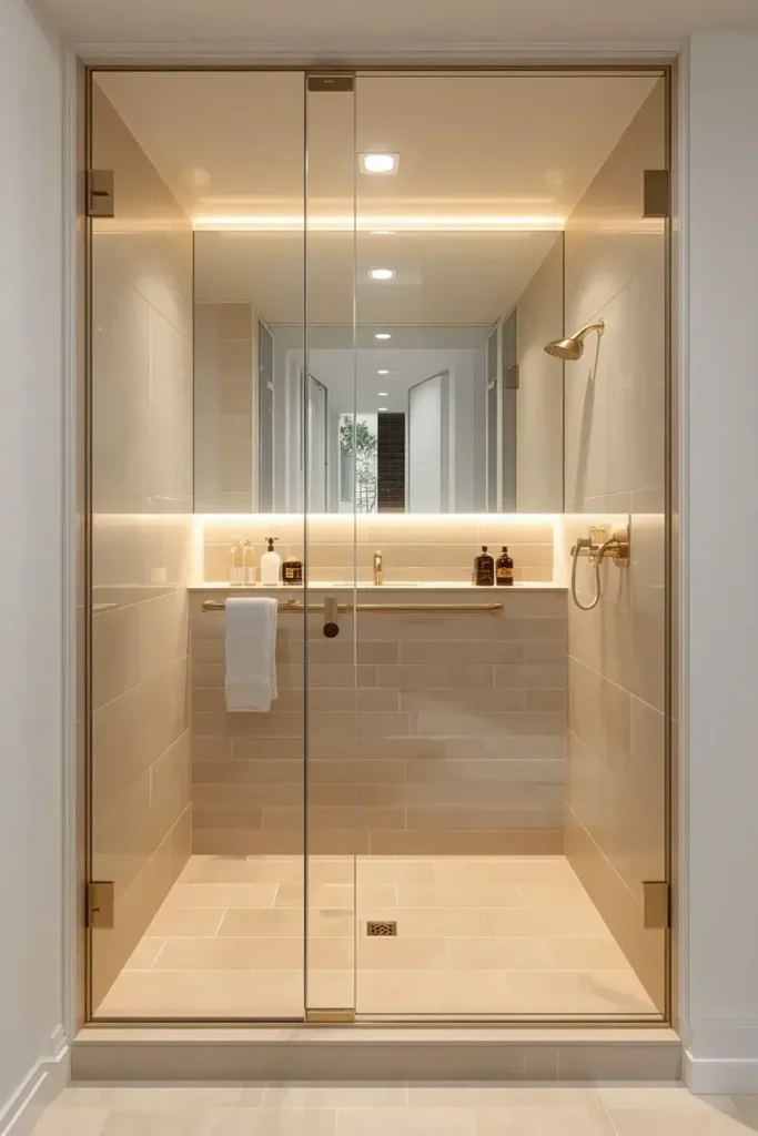 Small bathroom with a mirrored accent wall beside the shower