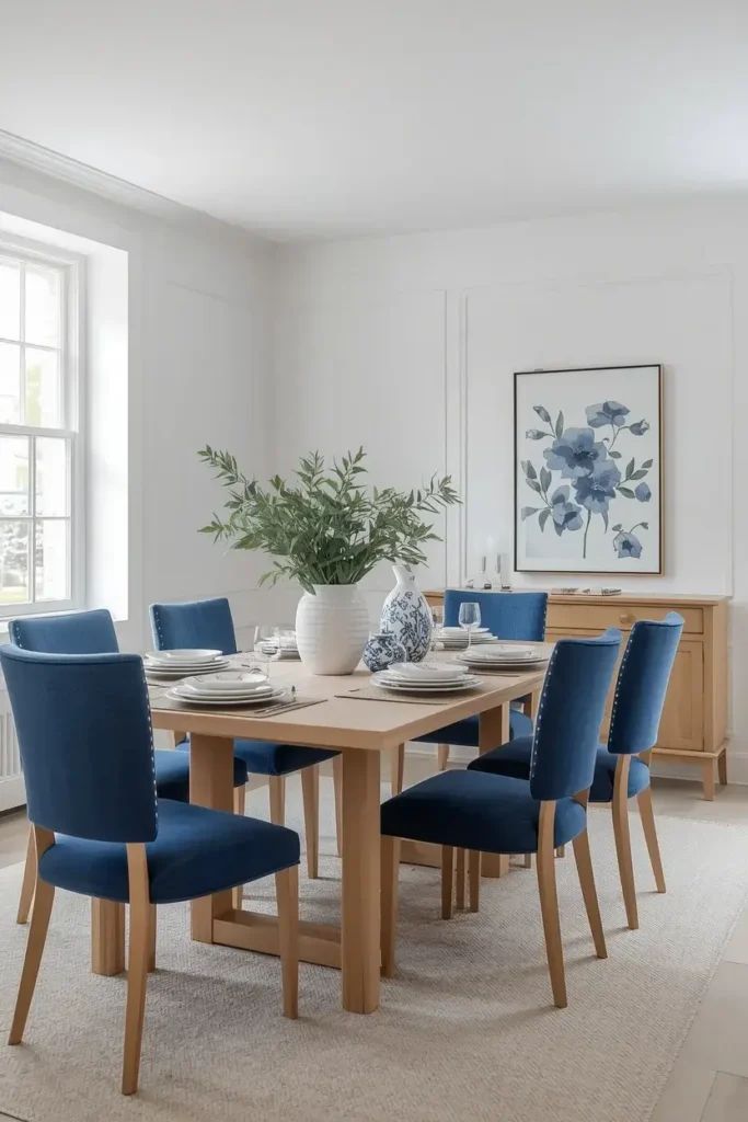 Blue and white dining room with classic elegant decor