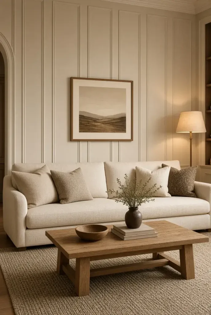 Elegant living room with beige vertical wall paneling and cream sofa