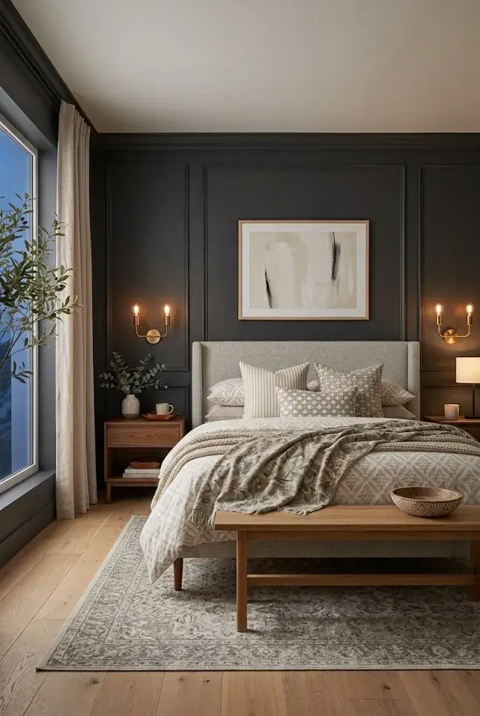 Dark gray bedroom featuring patterned bedding, striped cushions, a botanical throw, and a neutral area rug.