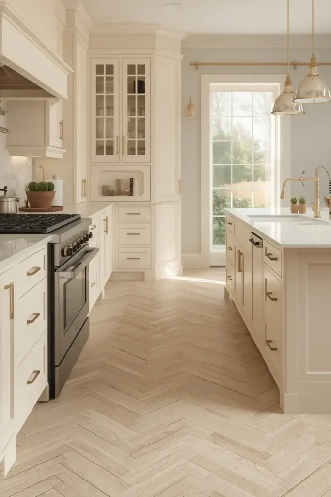  Herringbone kitchen tile floor in cream and beige with elegant cabinets and brass hardware.