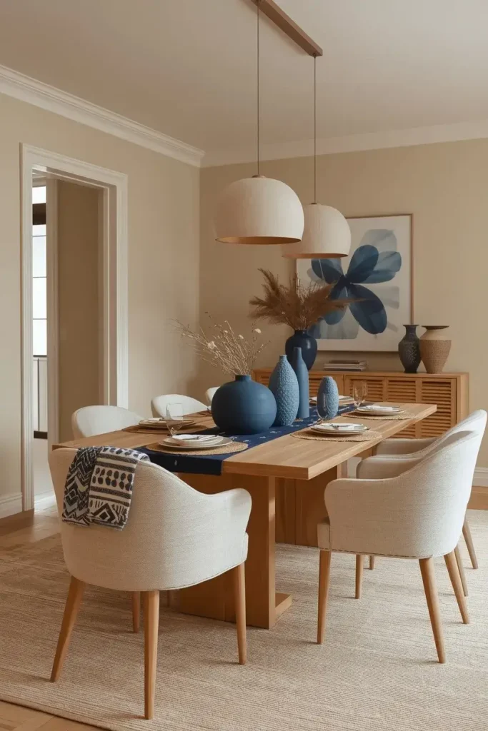 Neutral dining room decorated with blue accessories and artwork