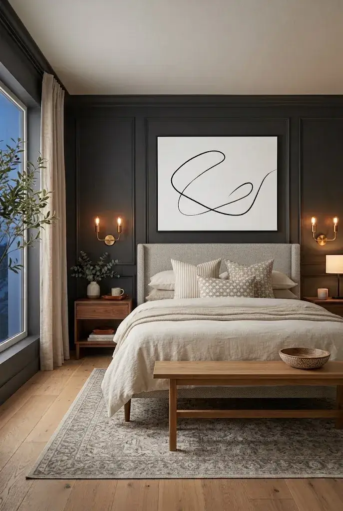 Elegant dark gray bedroom featuring oversized minimalist artwork above a neutral upholstered bed.