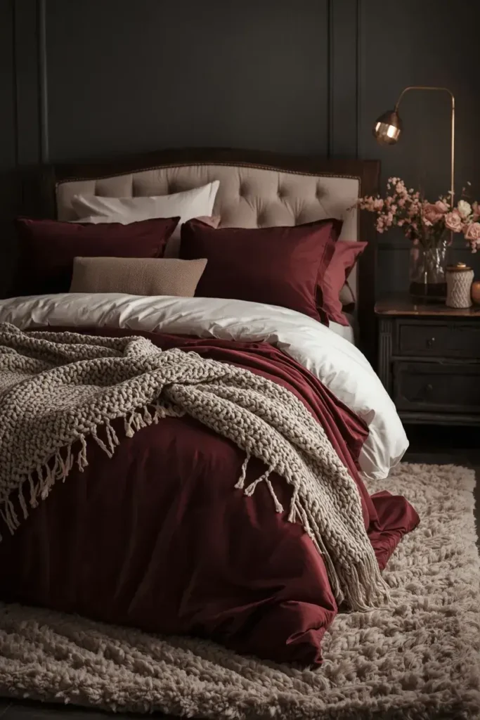 Cozy dark feminine bedroom with velvet, linen, knitted textiles, and a plush rug.