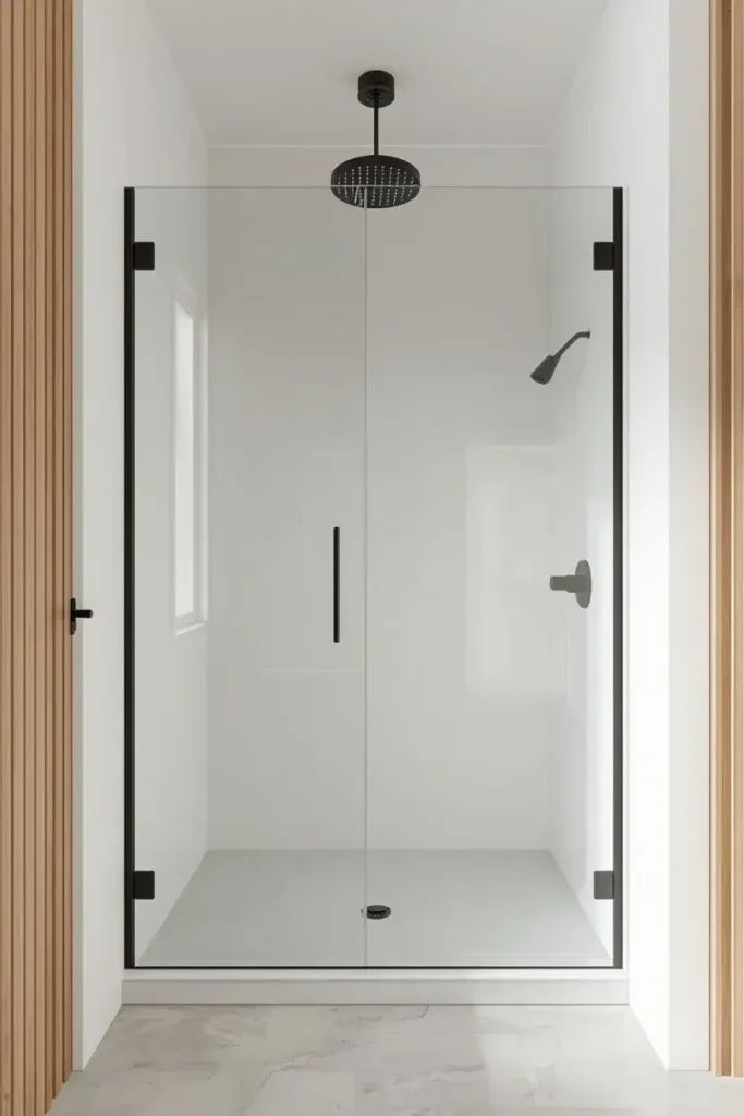 Minimalist small shower with clean lines and warm wood accents