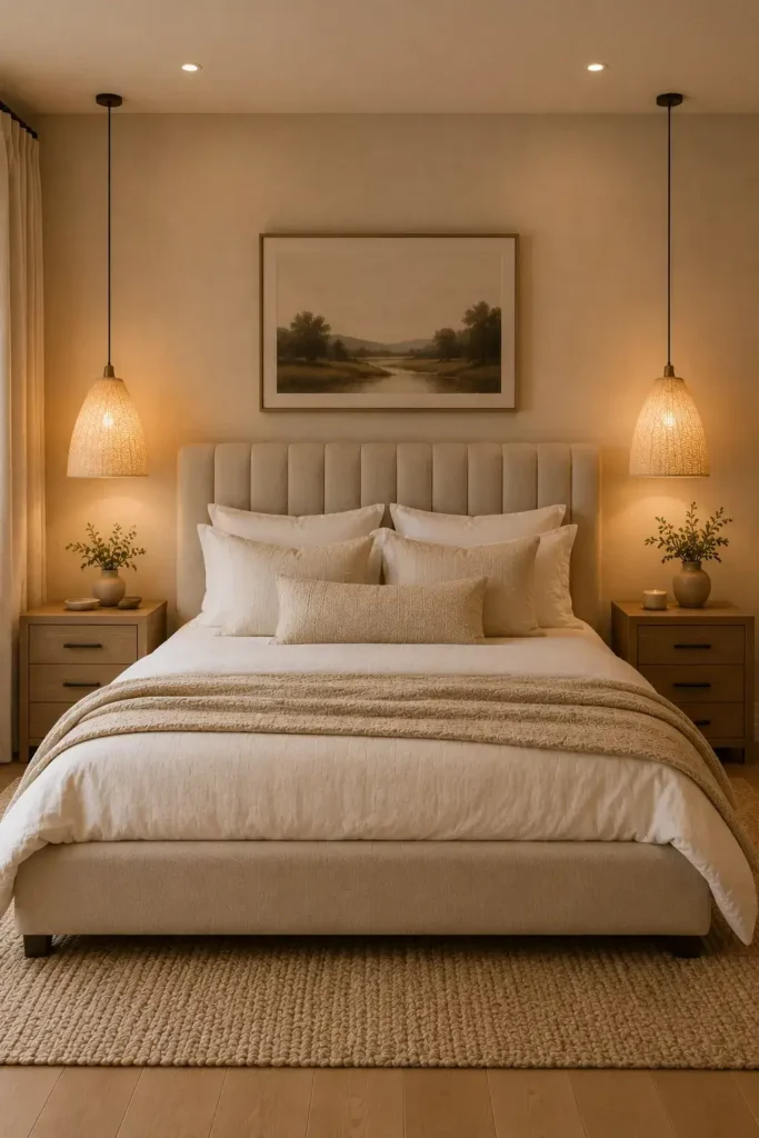 Pendant bedroom lamps hanging beside an upholstered bed