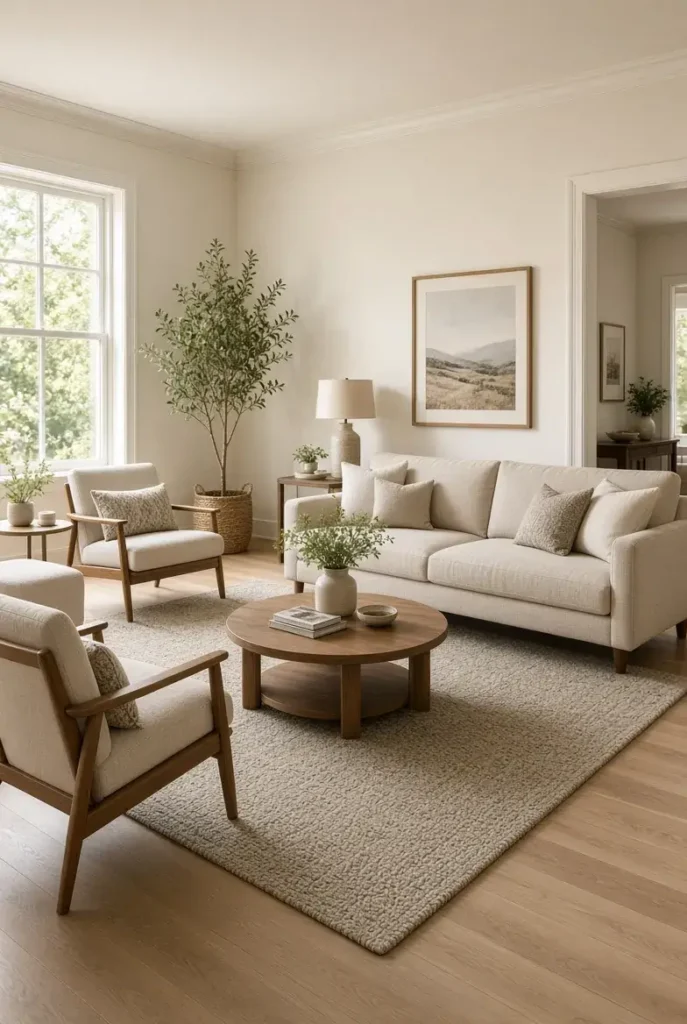 Open living room furniture layout with sofa, accent chairs, and spacious walking area