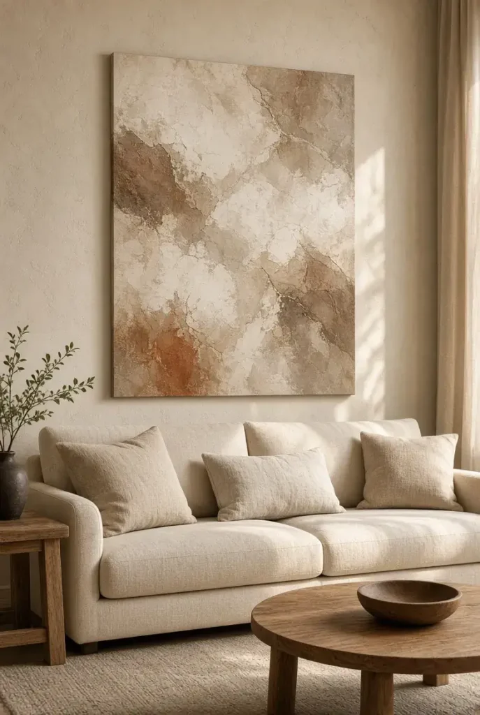 Oversized neutral abstract artwork above a cream sofa in an elegant living room.