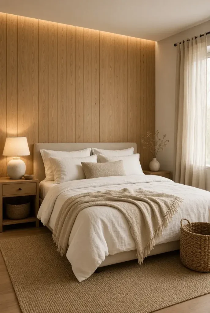 Warm wood panel bedroom wall behind a neutral bed
