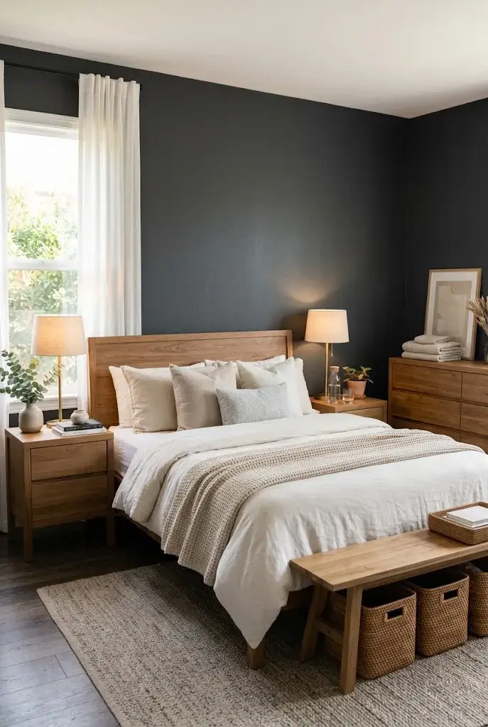 Dark gray bedroom balanced with warm natural wood furniture, cream textiles, woven accents, and greenery.