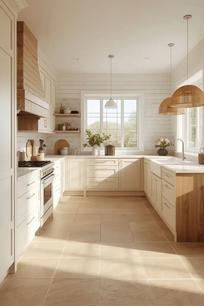 Black and white checkerboard kitchen tile floor with white cabinets, wooden stools, and brass accents.