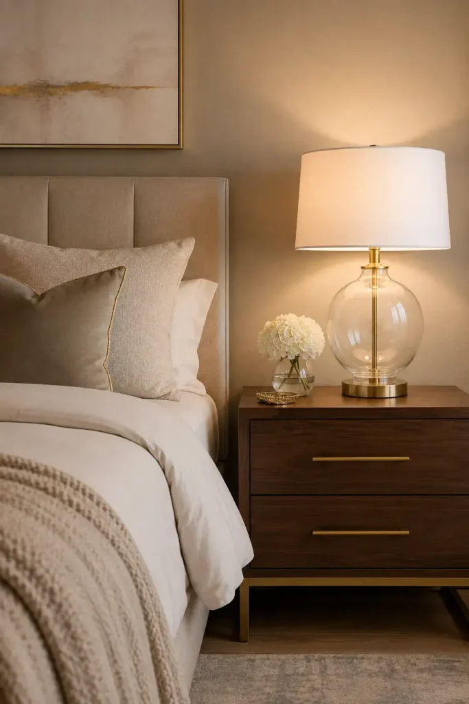 Modern glass bedroom lamp with white shade on a wooden nightstand