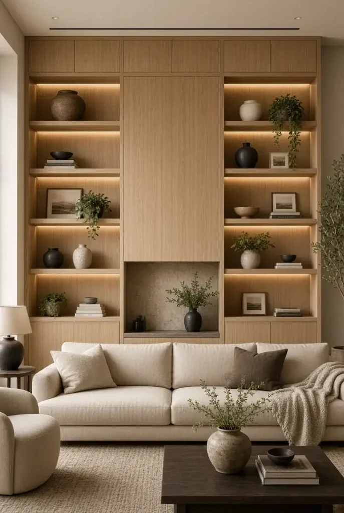Floor to ceiling built in shelves with wood finish and decorative objects in a living room