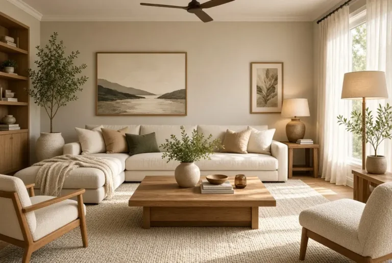 Beautiful neutral living room remodel with cream sofa, natural wood furniture, cozy textures, and warm lighting.