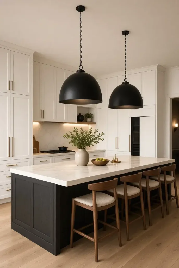 Oversized black pendant lights above a modern kitchen island