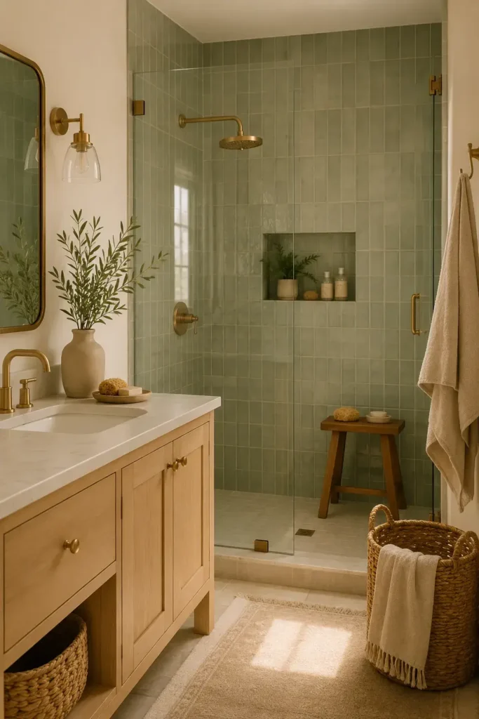 Small sage green and cream bathroom with relaxing walk-in shower