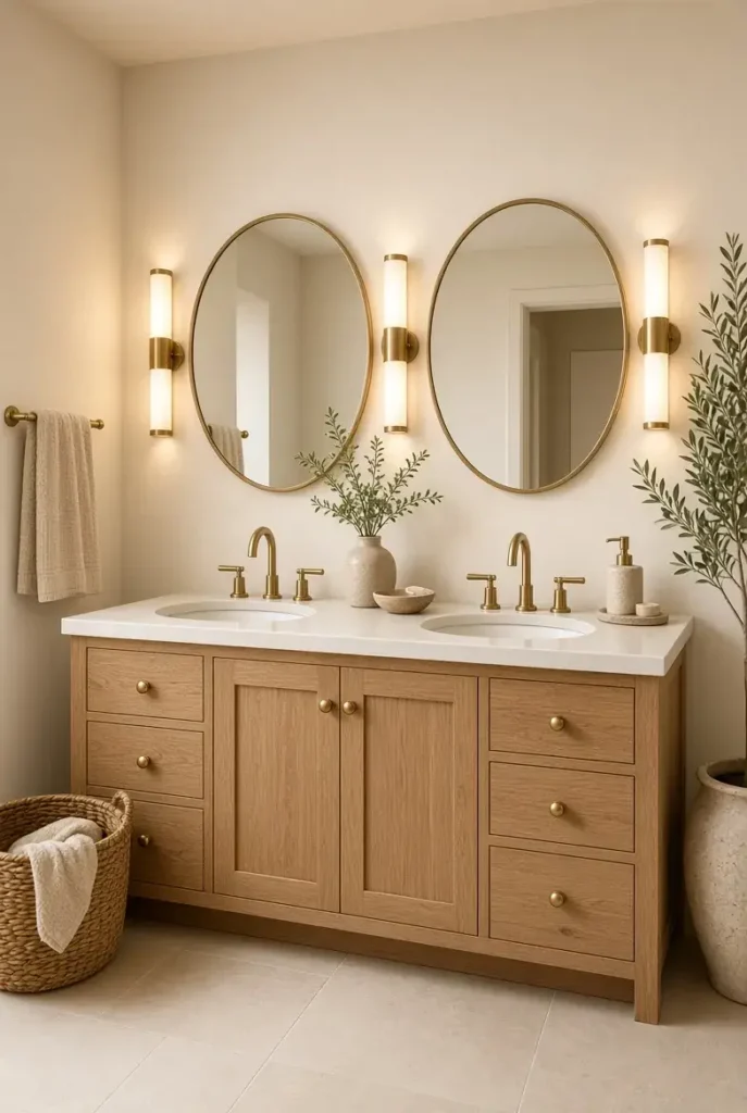 Warm wood double vanity with brass fixtures in a cozy bathroom