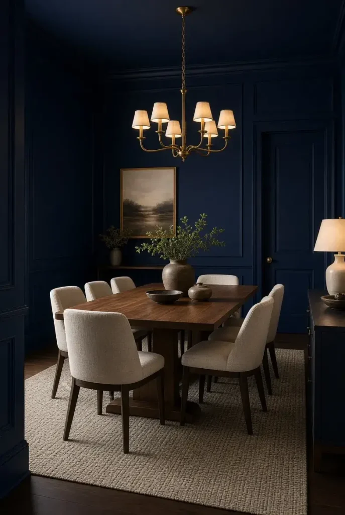 Moody navy dining room with walnut table, cream chairs, and brass lighting.